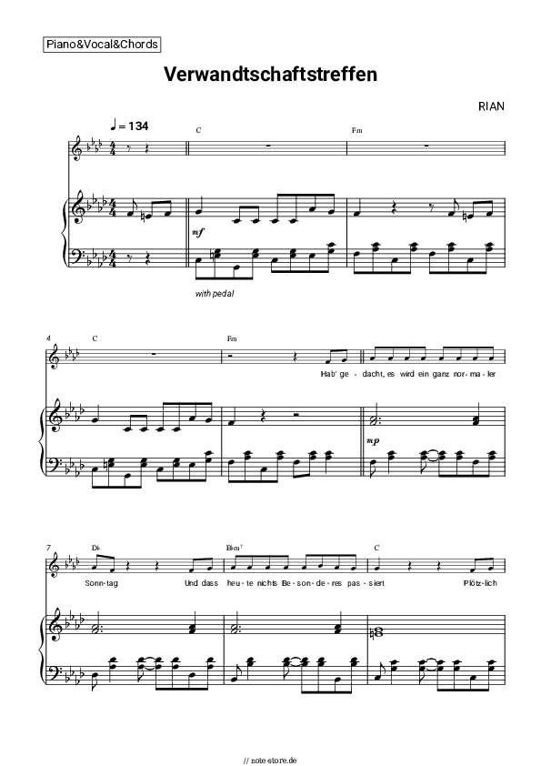 Noten und Akkorde RIAN - Verwandtschaftstreffen - Klavier&Gesang&Akkorde