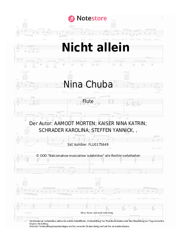 Noten Nina Chuba - Nicht allein - Flöte