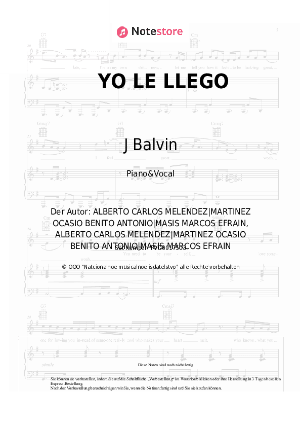 Noten mit Gesang J Balvin, Bad Bunny - YO LE LLEGO - Klavier&Gesang