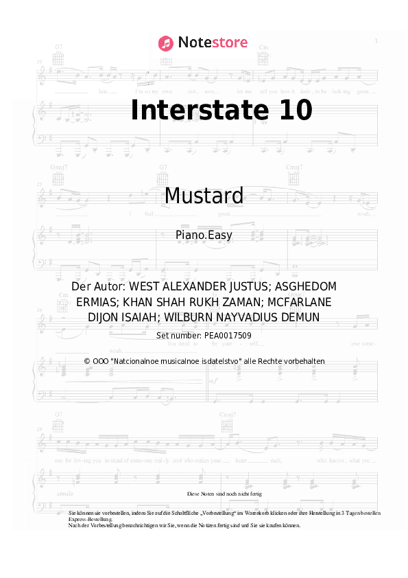 Einfache Noten Mustard, Future - Interstate 10 - Klavier.Einfach