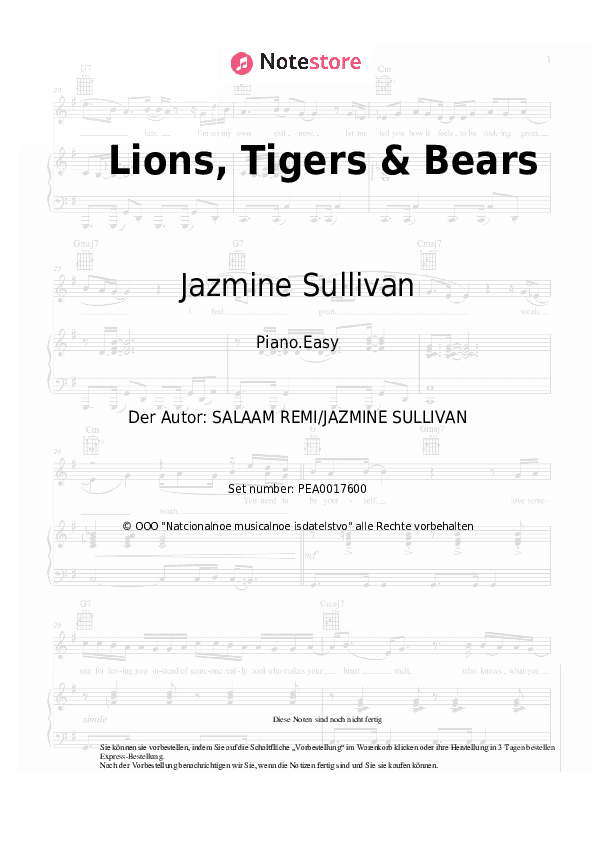 Einfache Noten Jazmine Sullivan - Lions, Tigers & Bears - Klavier.Einfach