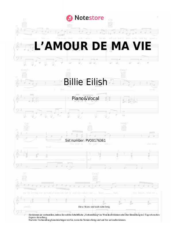 Noten mit Gesang Billie Eilish - L’AMOUR DE MA VIE - Klavier&Gesang