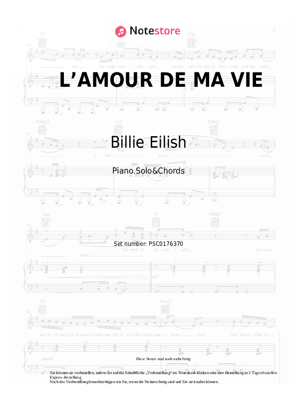 Noten und Akkorde Billie Eilish - L’AMOUR DE MA VIE - Klavier.Solo&Akkorde