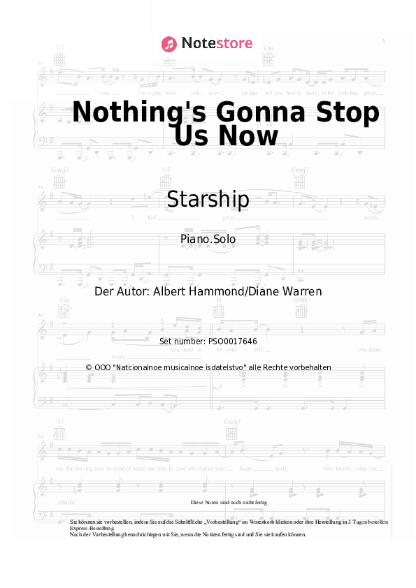 Noten Starship - Nothing's Gonna Stop Us Now - Klavier.Solo