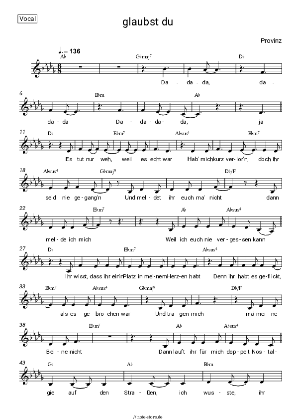 Noten Provinz - glaubst du - Gesang
