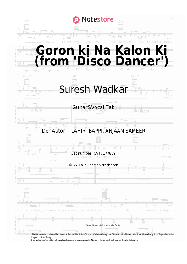 Akkorde und Gesang Suresh Wadkar, Usha Mangeshkar - Goron ki Na Kalon Ki (from 'Disco Dancer') - Gitarre&Gesang.Tabs
