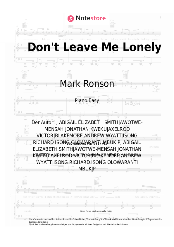Einfache Noten Mark Ronson, YEBBA - Don't Leave Me Lonely - Klavier.Einfach