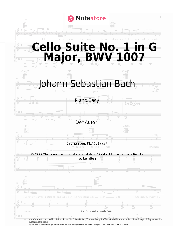 Einfache Noten Johann Sebastian Bach - Cello Suite No. 1 in G Major, BWV 1007 - Klavier.Einfach