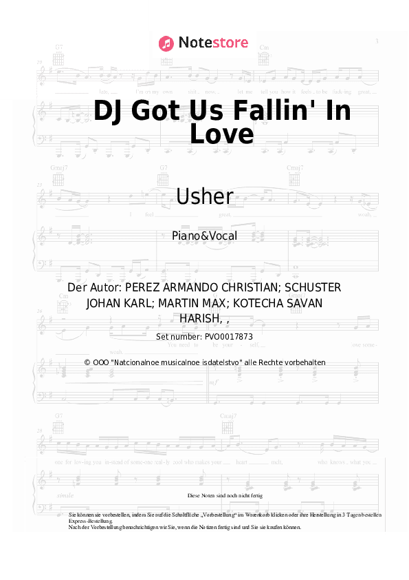 Noten mit Gesang Usher, Pitbull - DJ Got Us Fallin' In Love - Klavier&Gesang