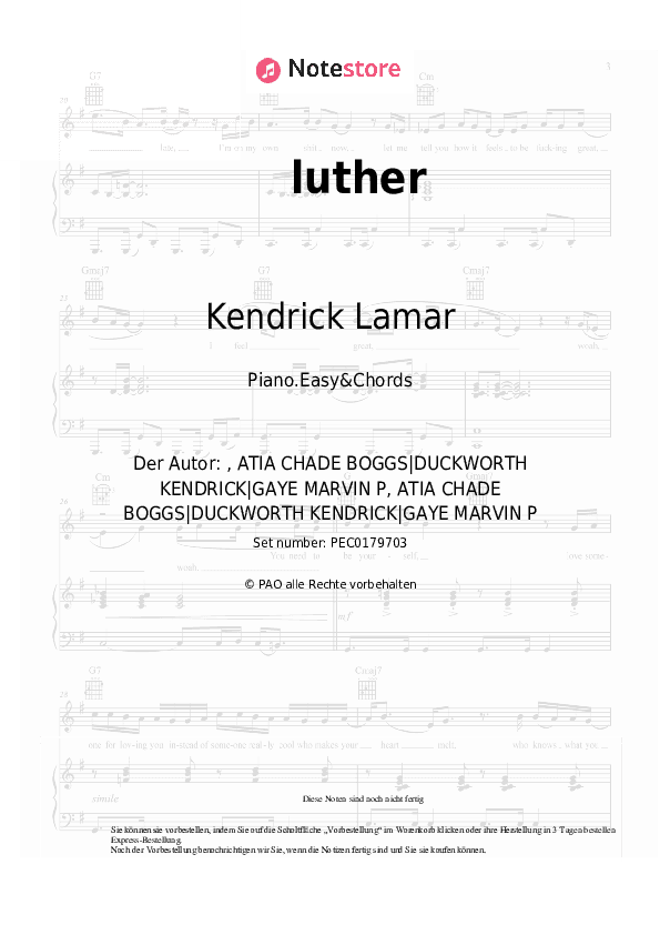 Einfache Noten und Akkorde Kendrick Lamar, SZA - luther - Klavier.Einfach&Akkorde