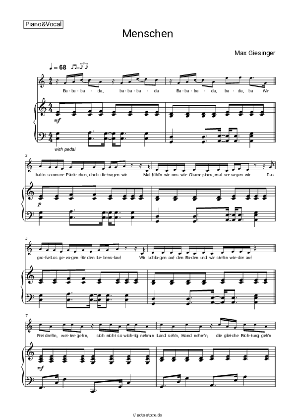 Noten mit Gesang Max Giesinger - Menschen - Klavier&Gesang