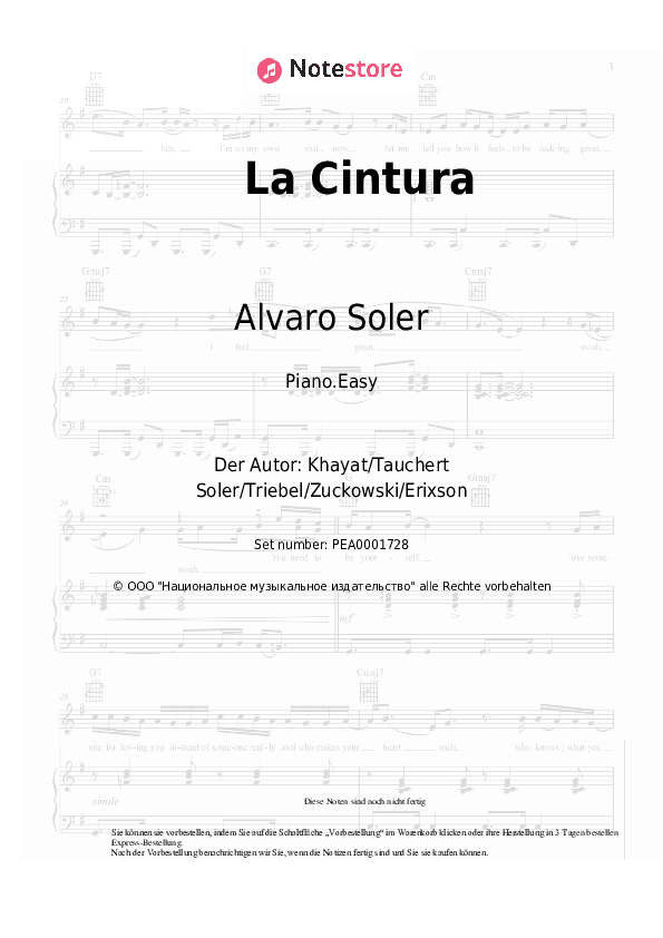 Einfache Noten Alvaro Soler - La Cintura - Klavier.Einfach