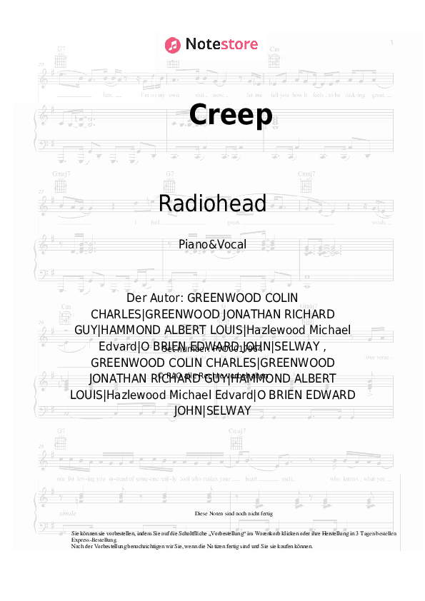 Noten mit Gesang Radiohead - Creep - Klavier&Gesang