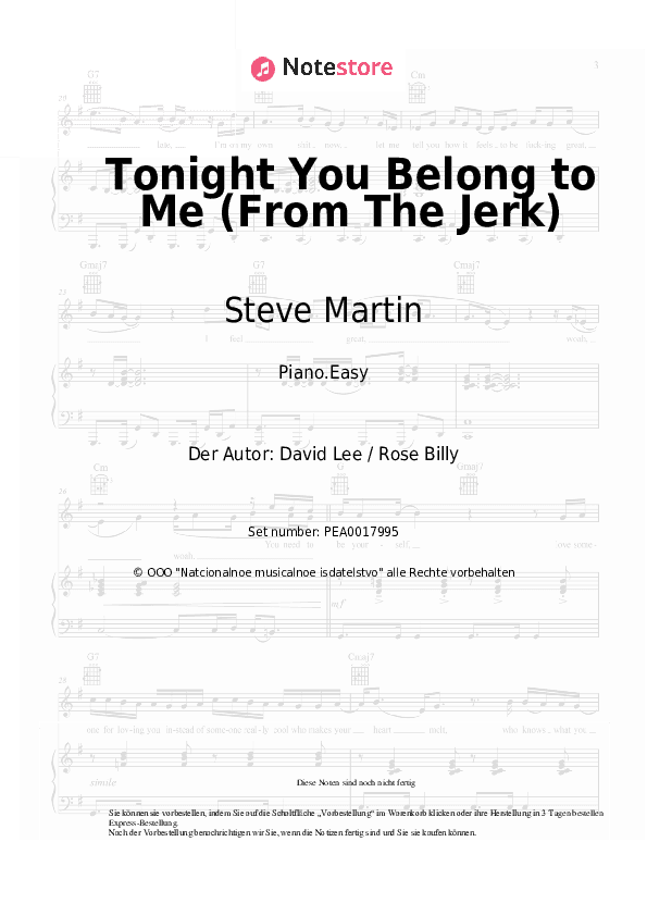 Einfache Noten Steve Martin - Tonight You Belong to Me (From The Jerk) - Klavier.Einfach