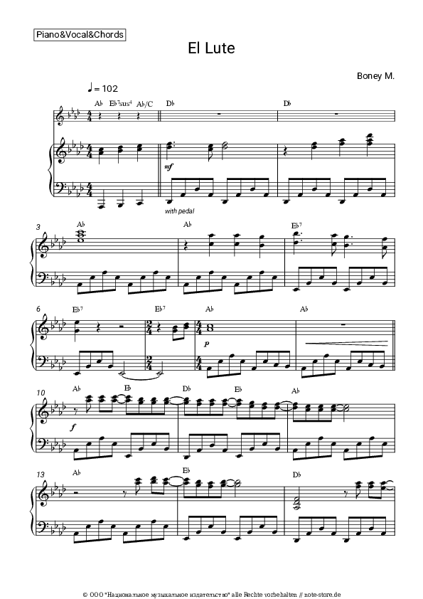 Noten und Akkorde Boney M - El Lute - Klavier&Gesang&Akkorde
