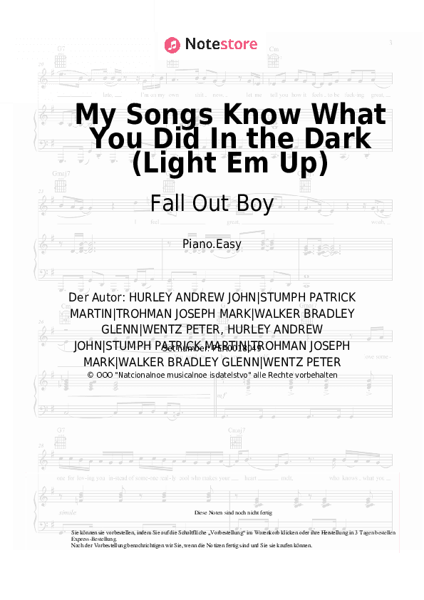 Einfache Noten Fall Out Boy - My Songs Know What You Did In the Dark (Light Em Up) - Klavier.Einfach