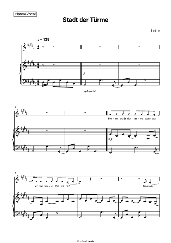 Noten mit Gesang LOTTE - Stadt der Türme - Klavier&Gesang