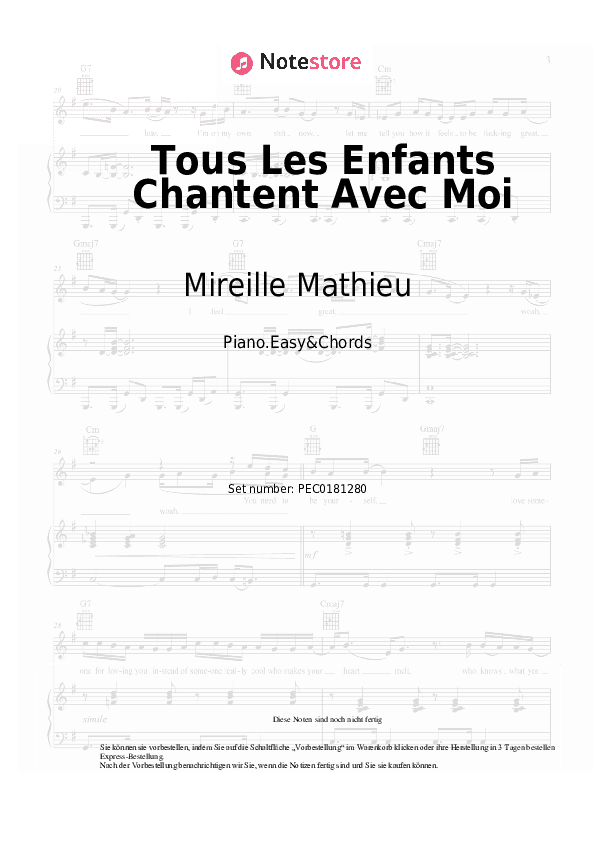Einfache Noten und Akkorde Mireille Mathieu - Tous Les Enfants Chantent Avec Moi - Klavier.Einfach&Akkorde