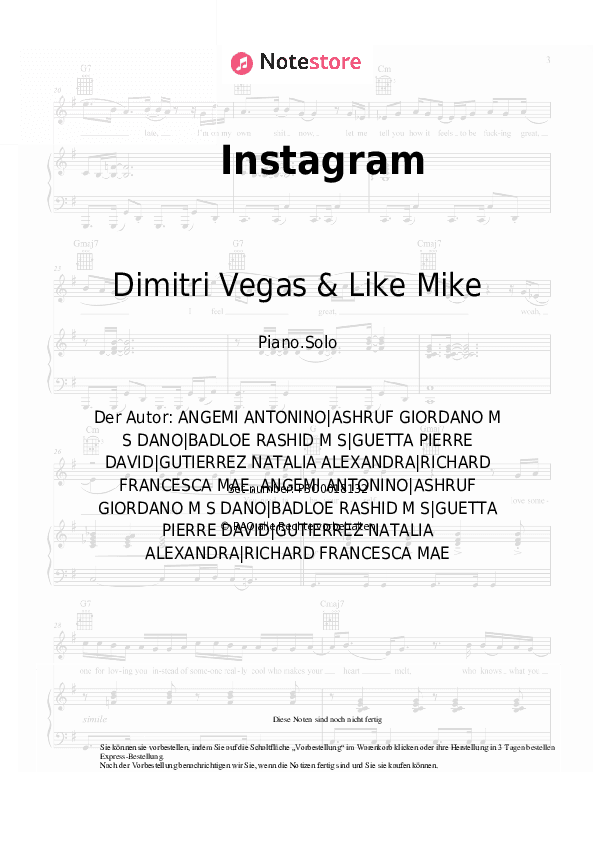 Noten Dimitri Vegas & Like Mike, David Guetta, Daddy Yankee, Afro Bros, Natti Natasha - Instagram - Klavier.Solo