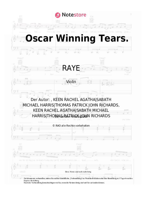 Noten RAYE - Oscar Winning Tears. - Violine