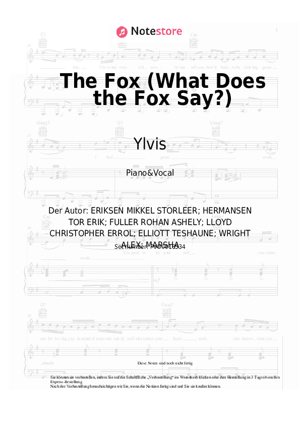 Noten mit Gesang Ylvis - The Fox (What Does the Fox Say?) - Klavier&Gesang