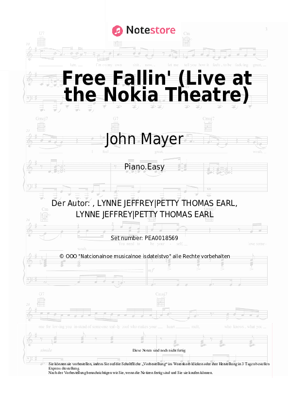 Einfache Noten John Mayer - Free Fallin' (Live at the Nokia Theatre) - Klavier.Einfach