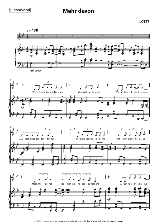 Noten mit Gesang LOTTE - Mehr davon - Klavier&Gesang