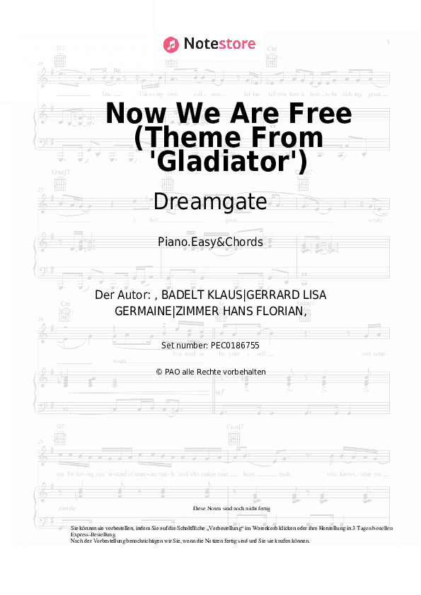 Einfache Noten und Akkorde Dreamgate - Now We Are Free (Theme From 'Gladiator') - Klavier.Einfach&Akkorde