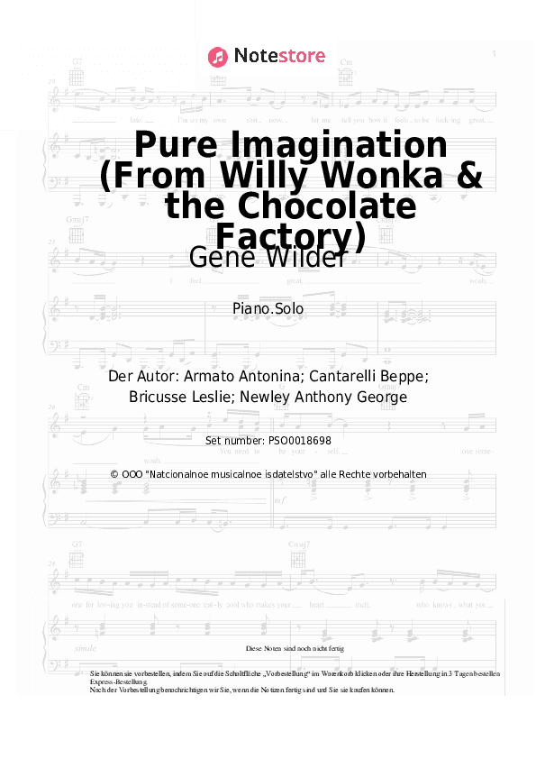 Noten Gene Wilder - Pure Imagination (From Willy Wonka & the Chocolate Factory) - Klavier.Solo