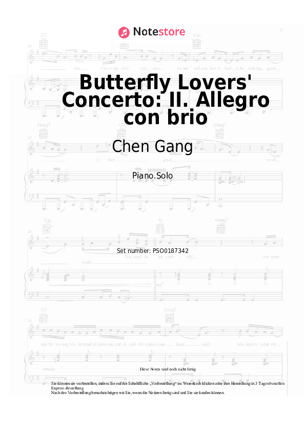 Noten Chen Gang, He Zhanhao - Butterfly Lovers' Concerto: II. Allegro con brio - Klavier.Solo