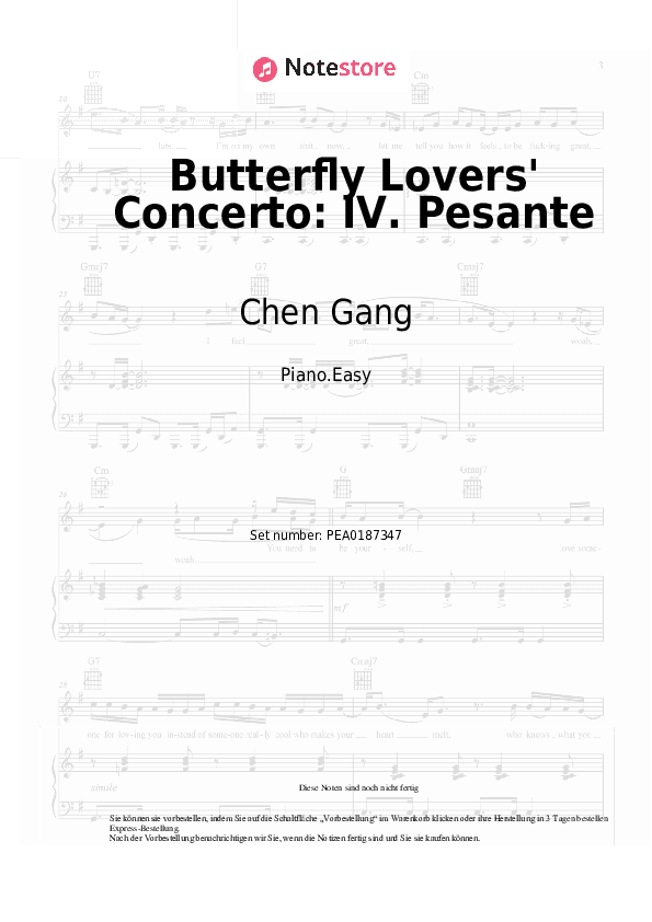 Einfache Noten Chen Gang, He Zhanhao - Butterfly Lovers' Concerto: IV. Pesante - Klavier.Einfach