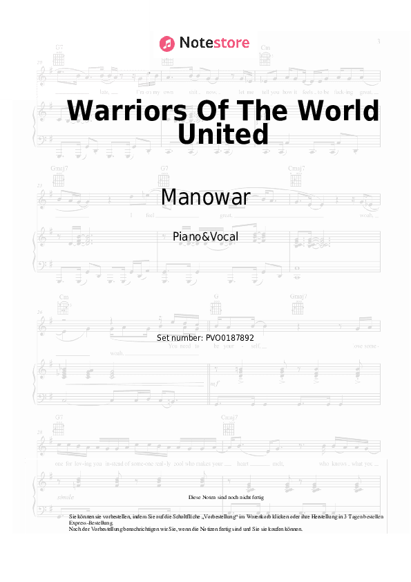Noten mit Gesang Manowar - Warriors Of The World United - Klavier&Gesang