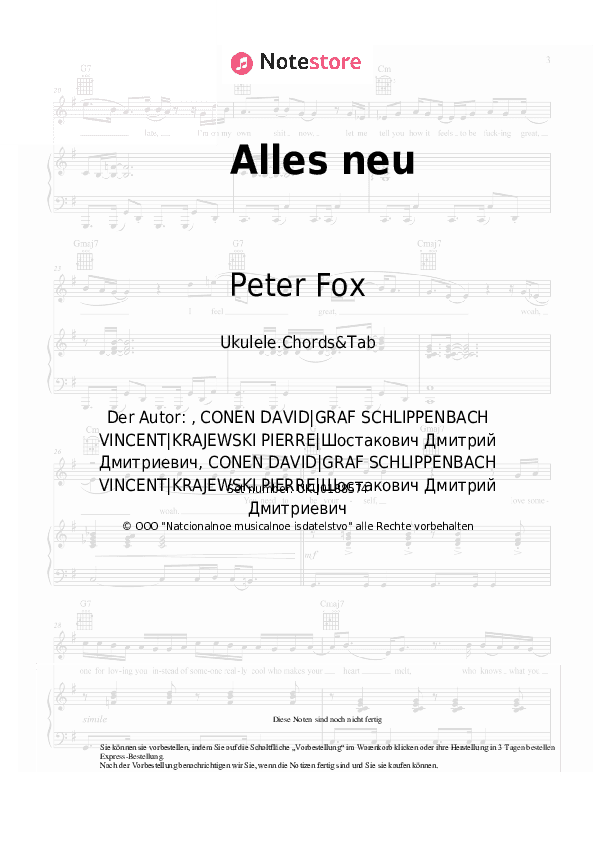 Noten Peter Fox - Alles neu - Ukulele.Akkorde&Tabs