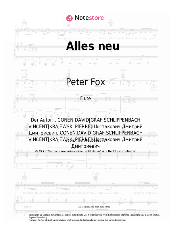 Noten Peter Fox - Alles neu - Flöte