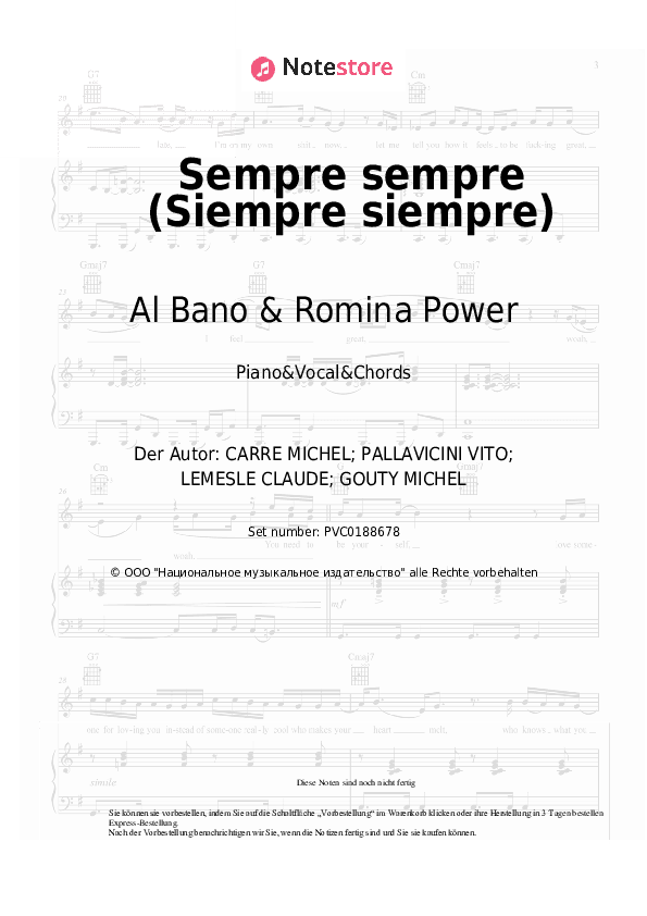 Noten und Akkorde Al Bano & Romina Power - Sempre sempre (Siempre siempre) - Klavier&Gesang&Akkorde
