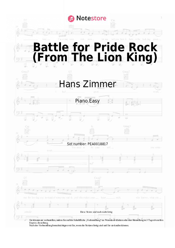 Einfache Noten Hans Zimmer - Battle for Pride Rock (From The Lion King) - Klavier.Einfach