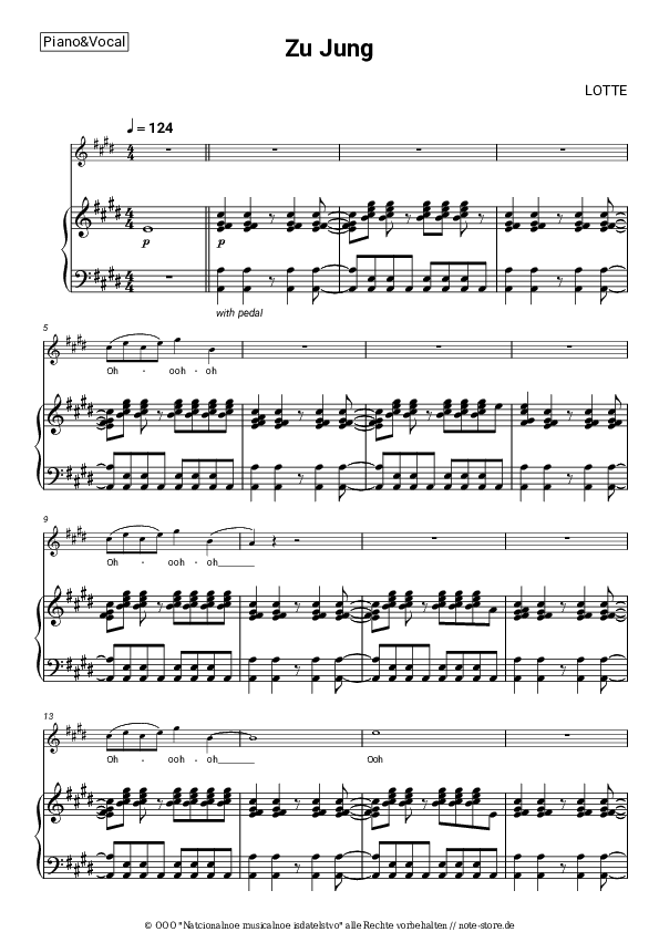Noten mit Gesang LOTTE - Zu Jung - Klavier&Gesang
