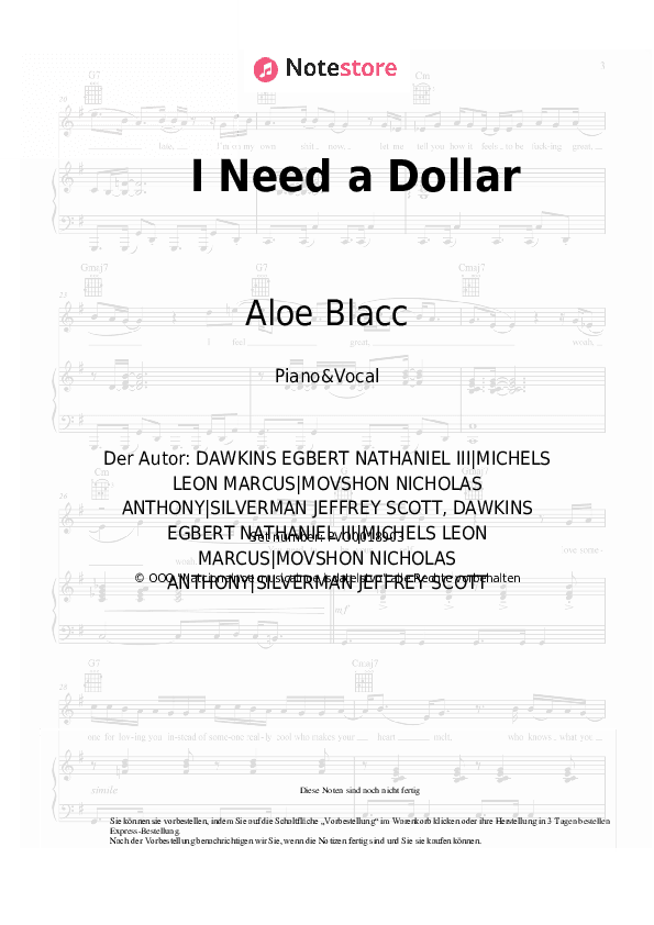 Noten mit Gesang Aloe Blacc - I Need a Dollar - Klavier&Gesang