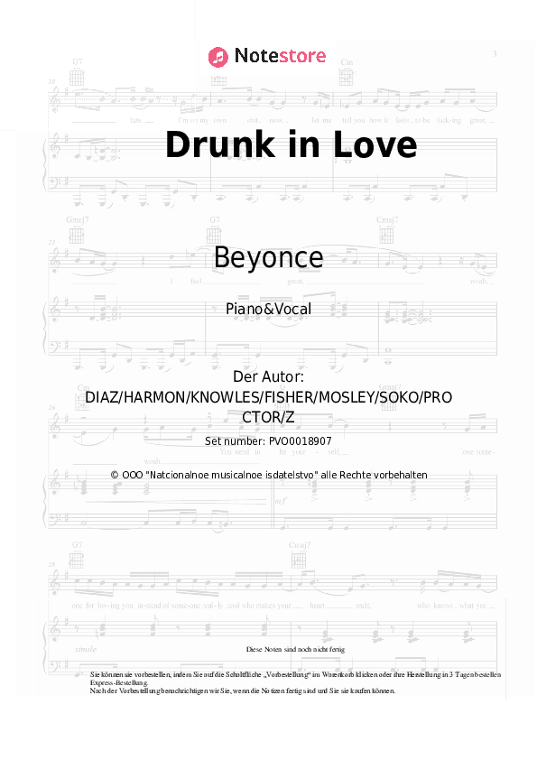 Noten mit Gesang Beyonce, Jay-Z - Drunk in Love - Klavier&Gesang