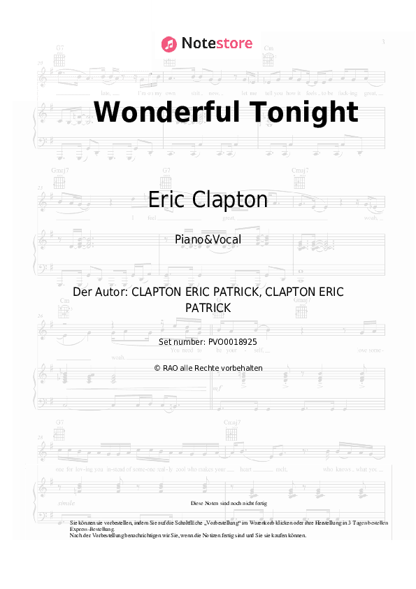 Noten mit Gesang Eric Clapton - Wonderful Tonight - Klavier&Gesang