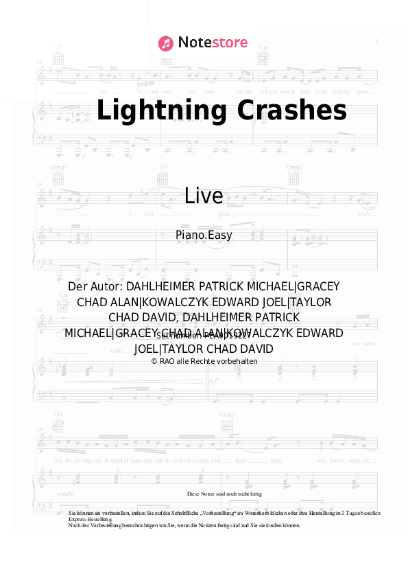 Einfache Noten Live - Lightning Crashes - Klavier.Einfach