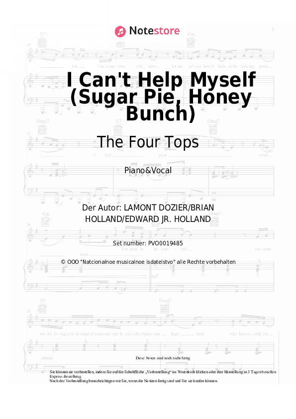 Noten mit Gesang The Four Tops - I Can't Help Myself (Sugar Pie, Honey Bunch) - Klavier&Gesang