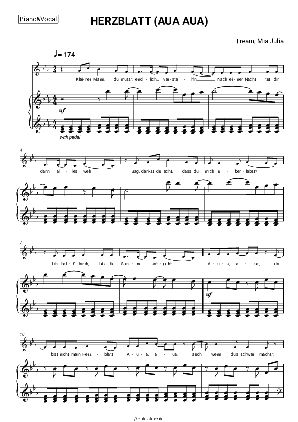 Noten mit Gesang Tream, Mia Julia - HERZBLATT (AUA AUA) - Klavier&Gesang