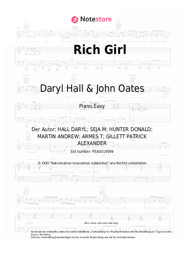 Einfache Noten Daryl Hall & John Oates - Rich Girl - Klavier.Einfach