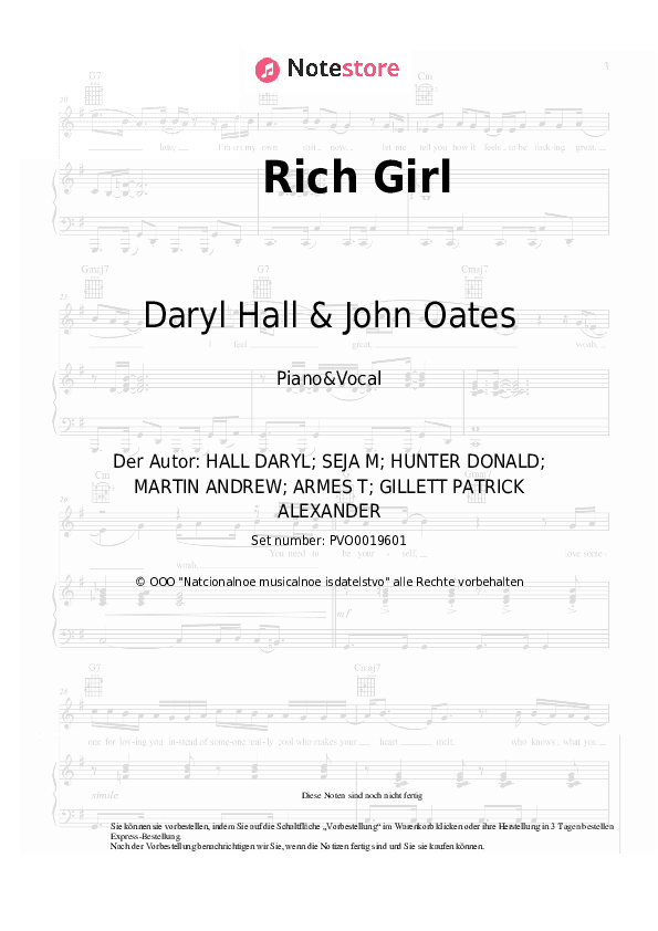 Noten mit Gesang Daryl Hall & John Oates - Rich Girl - Klavier&Gesang