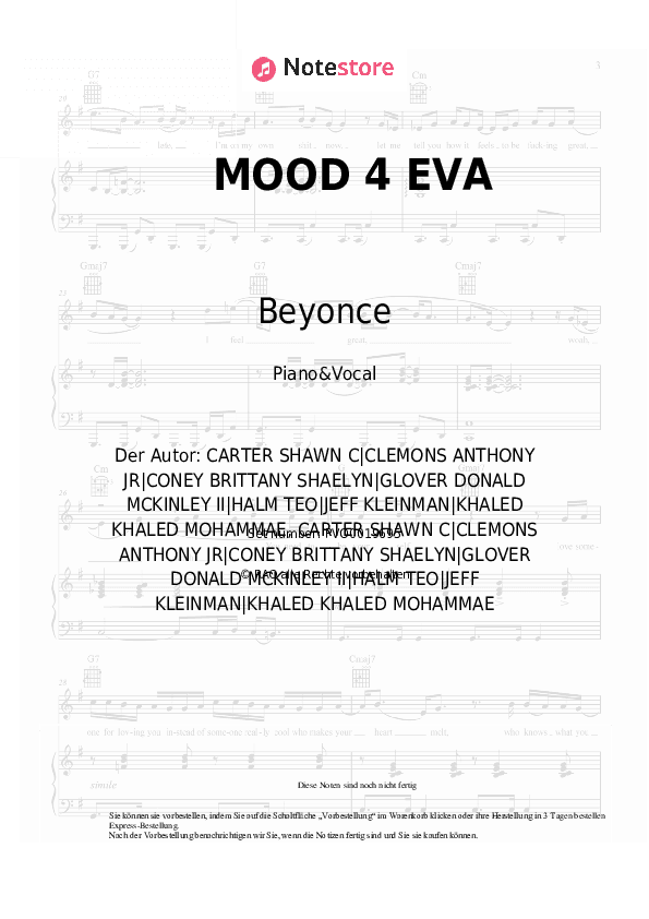 Noten mit Gesang Beyonce, Jay-Z, Childish Gambino - MOOD 4 EVA - Klavier&Gesang