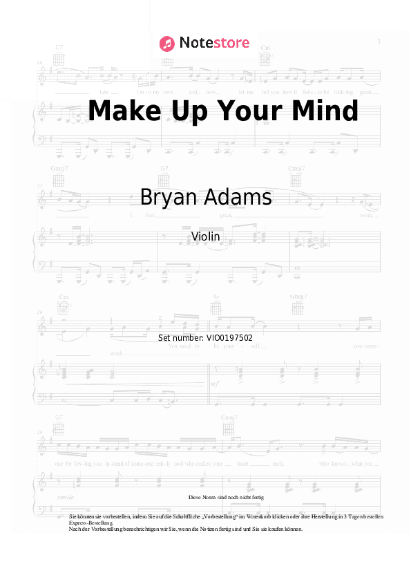 Noten Bryan Adams - Make Up Your Mind - Violine