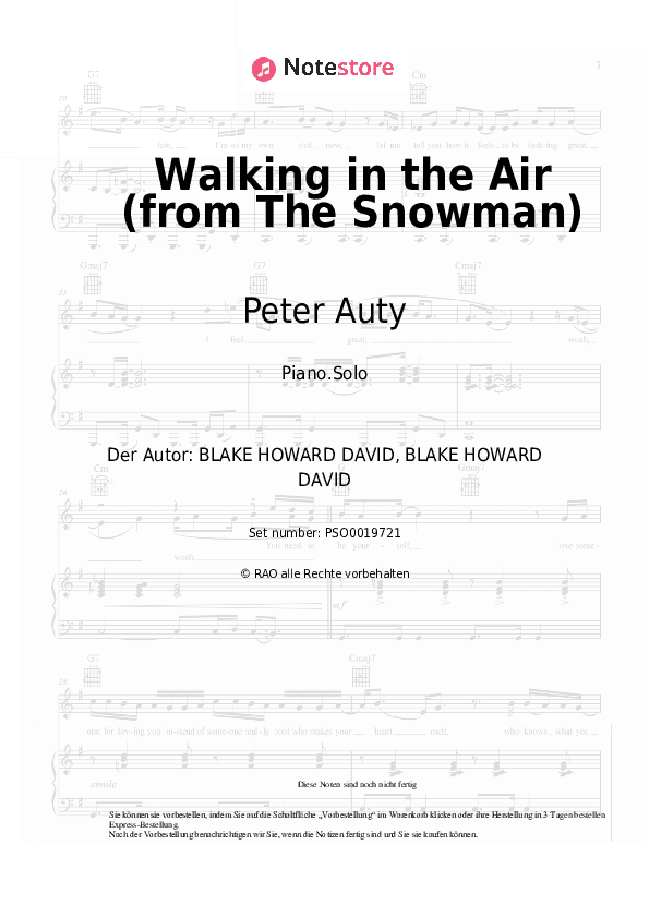 Noten Peter Auty, Howard Blake - Walking in the Air (from 'The Snowman') - Klavier.Solo