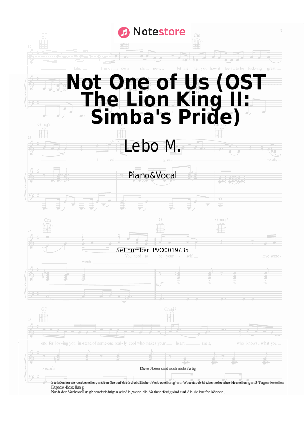 Noten mit Gesang Lebo M. - Not One of Us (OST The Lion King II: Simba's Pride) - Klavier&Gesang