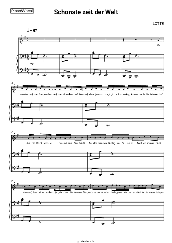 Noten mit Gesang LOTTE - Schönste zeit der Welt - Klavier&Gesang